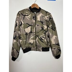 The North Face Womens Camo Bomber Jacket Utility Zip Pockets Green Black Size S